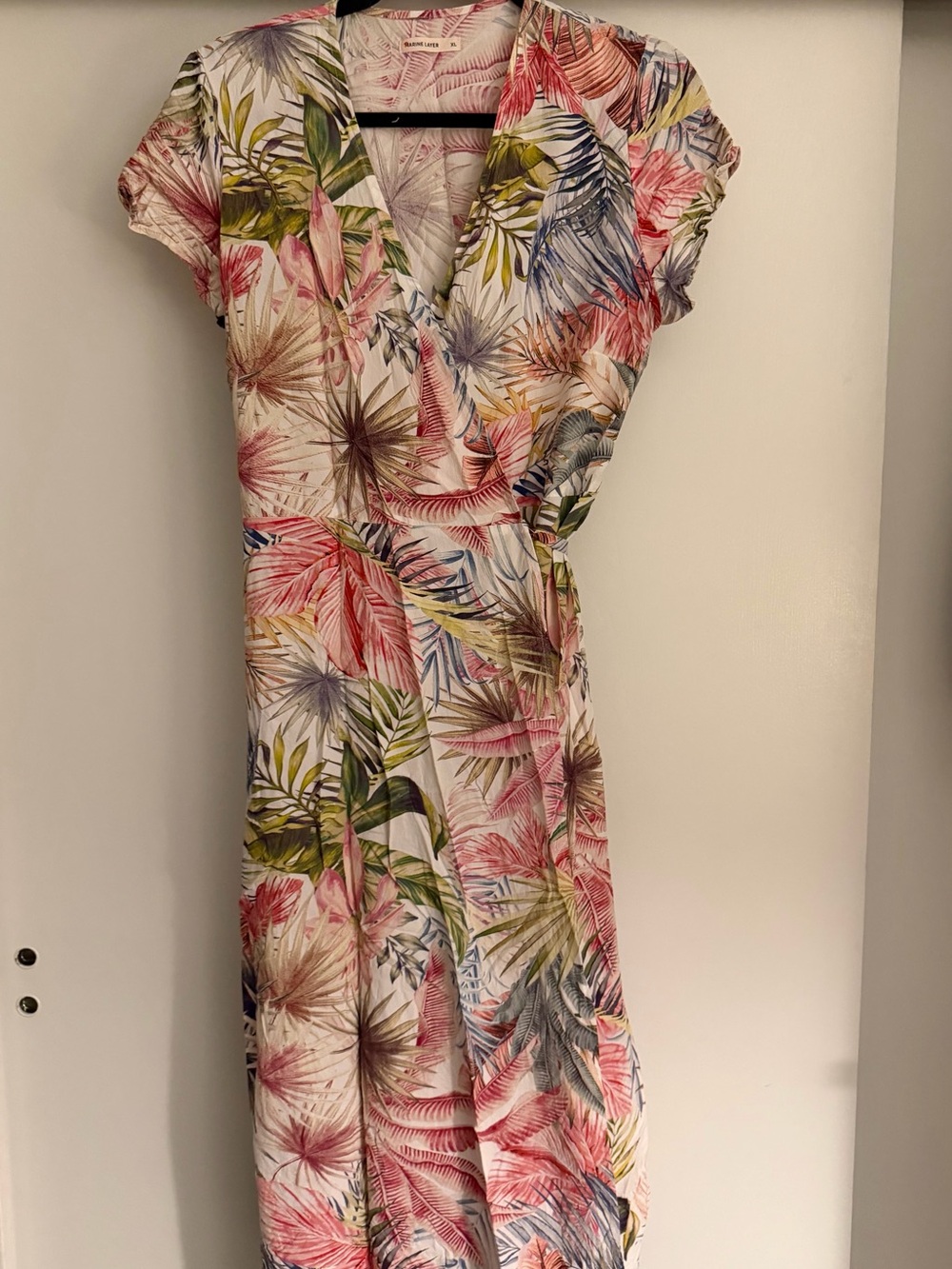 Marine Layer Tropical Leaf Wrap Midi Dress in Pink, Green, Blue